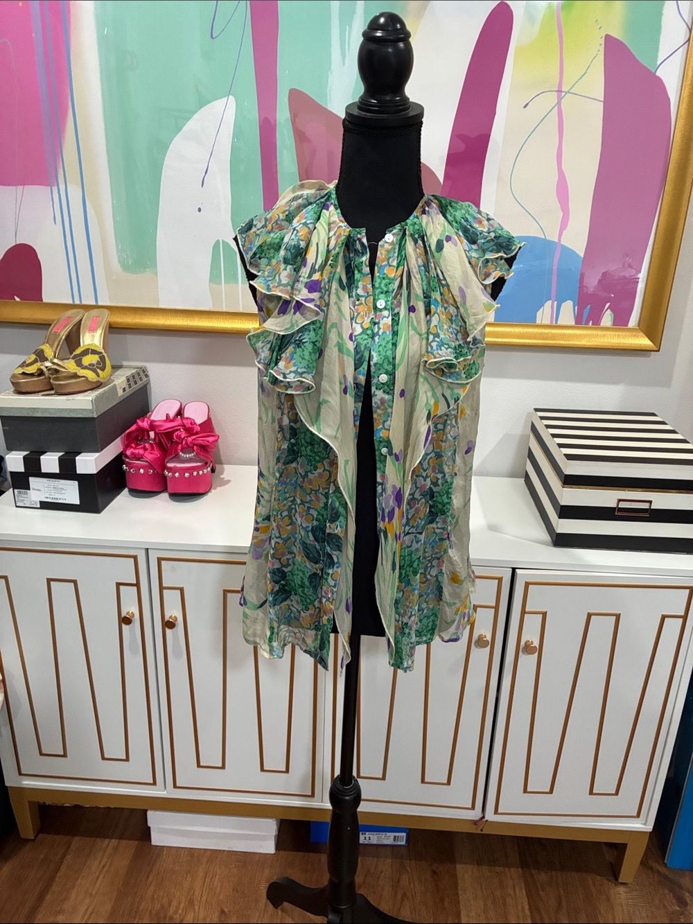 Zara Green and Cream Floral Ruffle Sleeveless Blouse